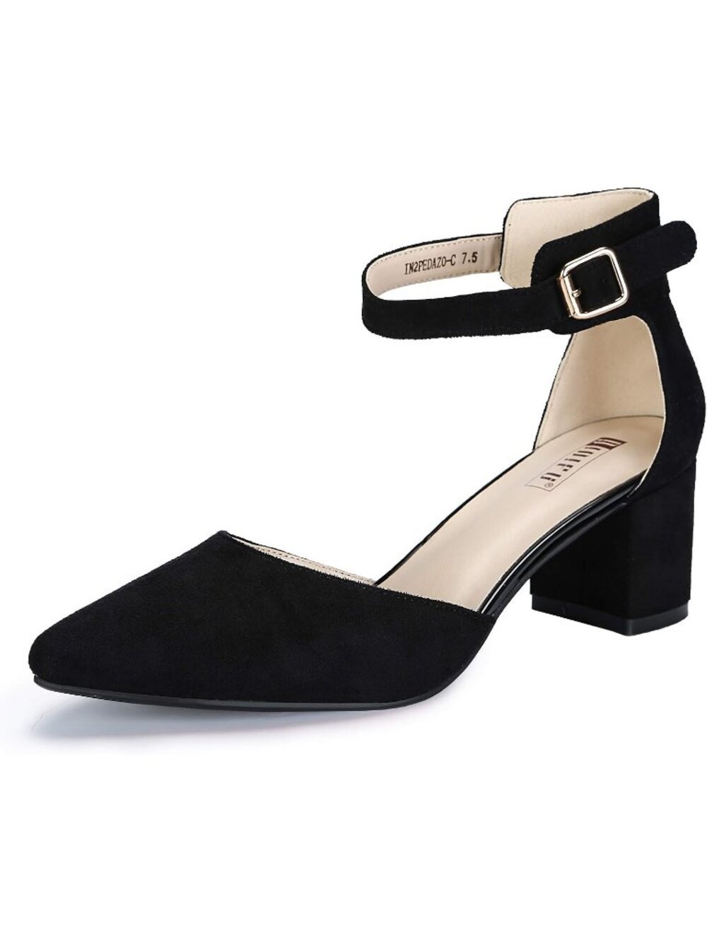 Women's Black Suede Low Block Heels Pumps Chunky Closed Toe Ankle Strap Shoes